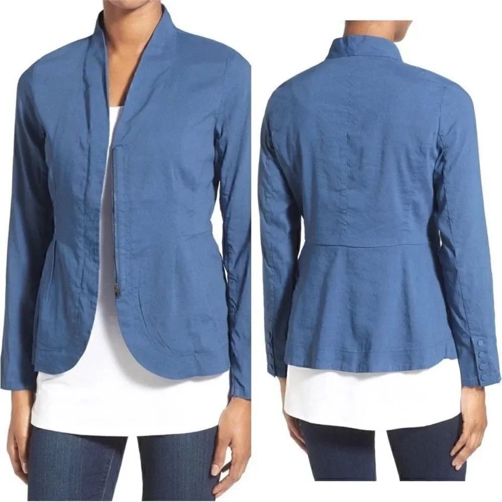 Eileen Fisher NWT Stand Collar Zip Front Organic Linen Blend Jacket Blue Large
